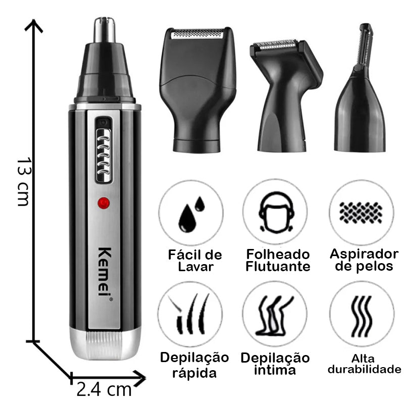 Máquina Recarregável de Depilação 4 em 1 - Aparador de Barba, Nariz, Orelha e Sobrancelha para Homens