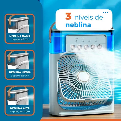 Ventilador de Nebulização Umidificador e Climatizador Sistema com 3 Velocidades Design Compacto Portátil Ideal para Dias Secos